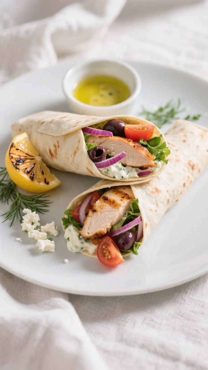 Final plated wrap beauty: Two tightly rolled Mediterranean grilled chicken wraps, one cut on a bias 