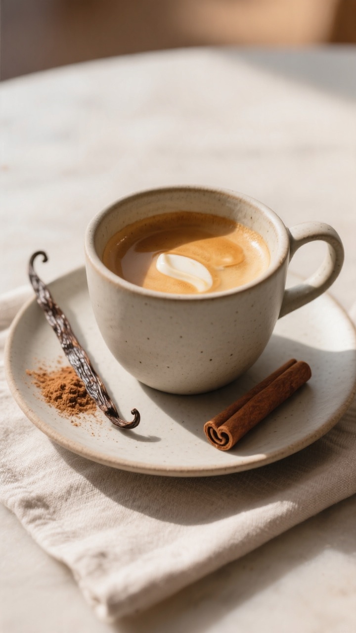 Final presentation: A café-style hot coffee in a matte ceramic mug with 1–2 tablespoons of the cr