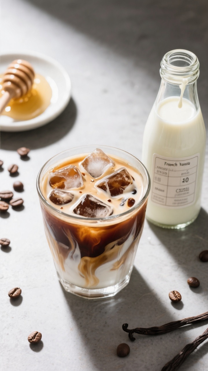Final presentation: Beautifully styled iced coffee with French Vanilla Creamer—of a low tumbler fi