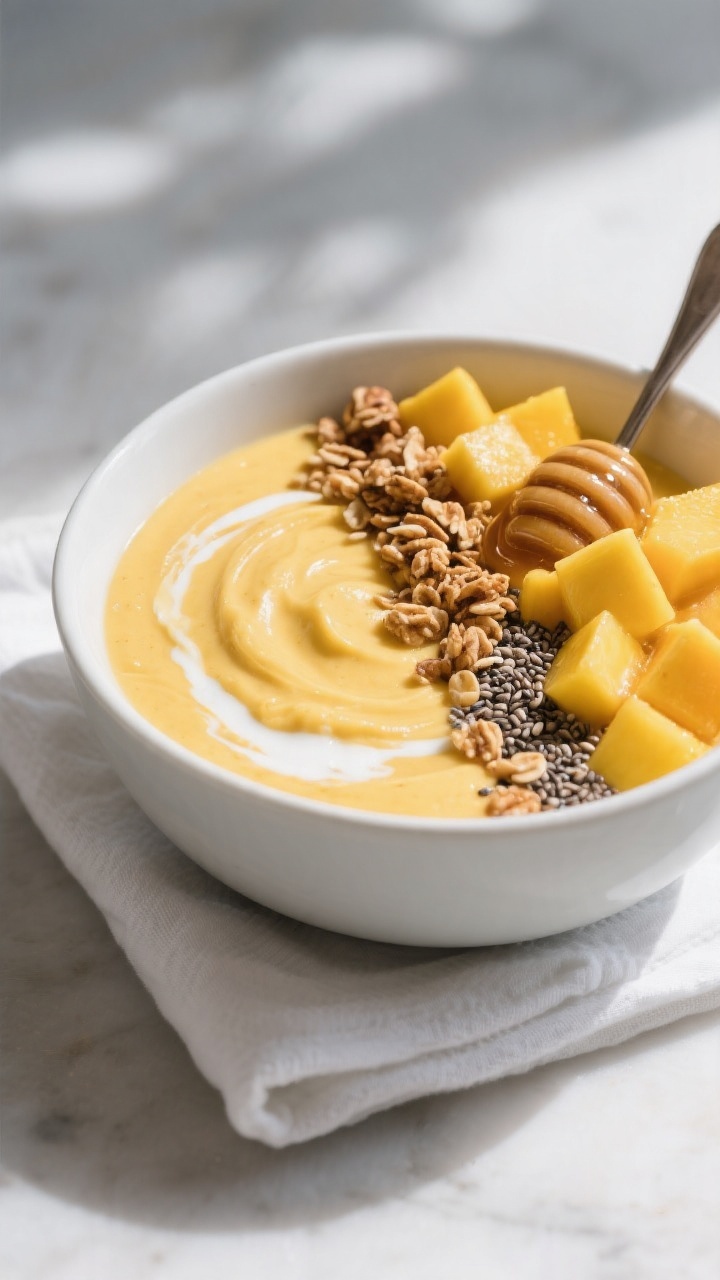 Final presentation bowl: Ultra-thick mango smoothie bowl styled for the “Breakfast Bowl” variati