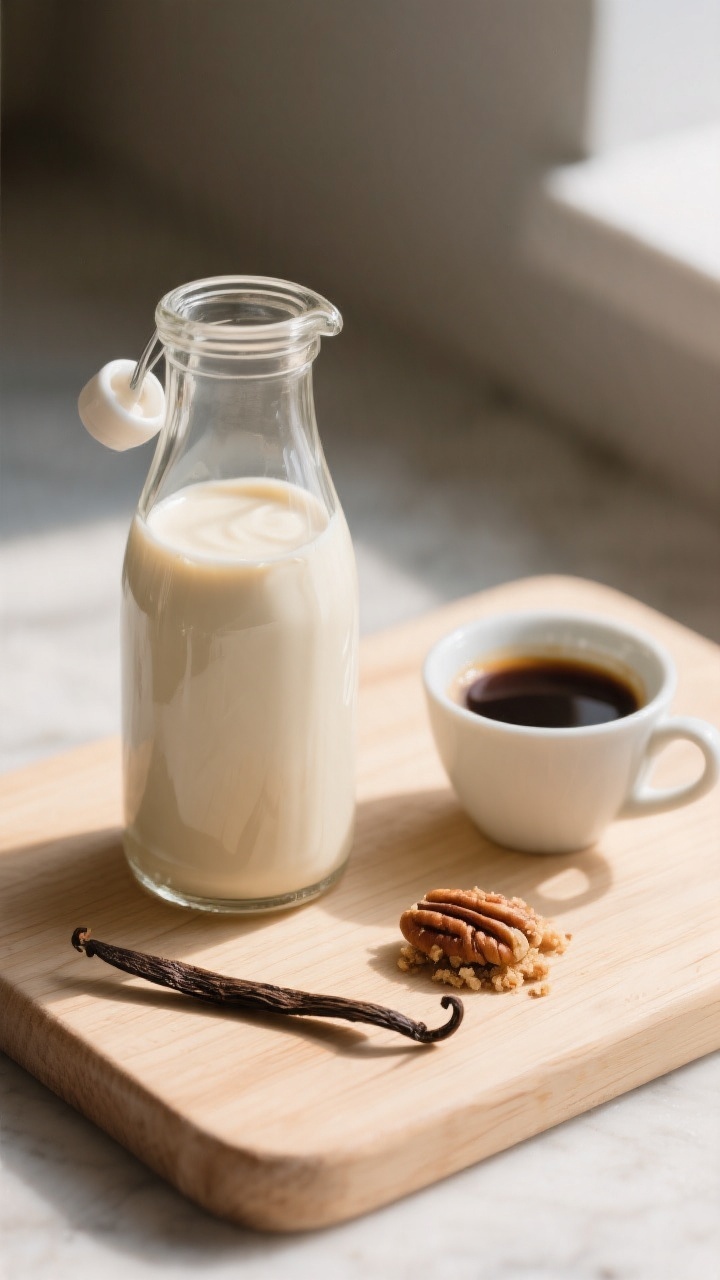 Final presentation close-up: A clear glass bottle and matching small pourer filled with Maple Pecan 
