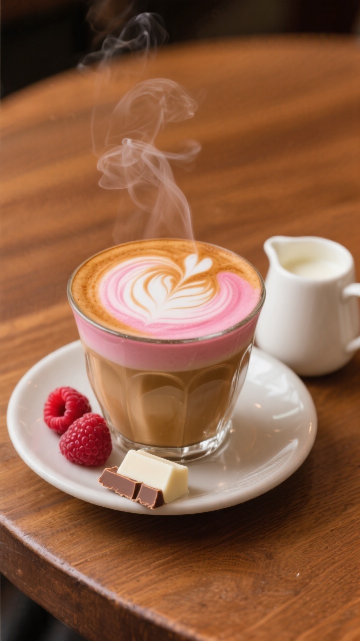 Final presentation: Close-up of a latte glass with hot coffee swirling as the creamer blooms—billo