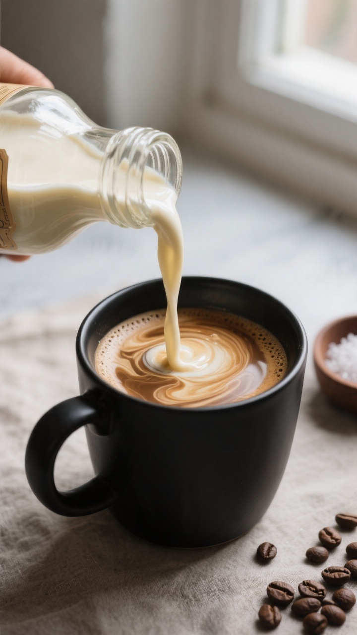 Final presentation, close-up pour shot: Thick, glossy homemade Irish Cream Creamer cascading from a 