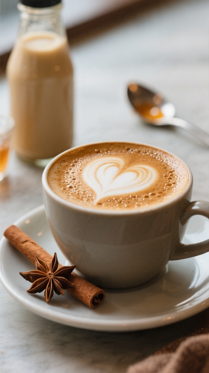Final presentation, cozy café-style latte: Close-up of a chai creamer latte in a matte mug with sof