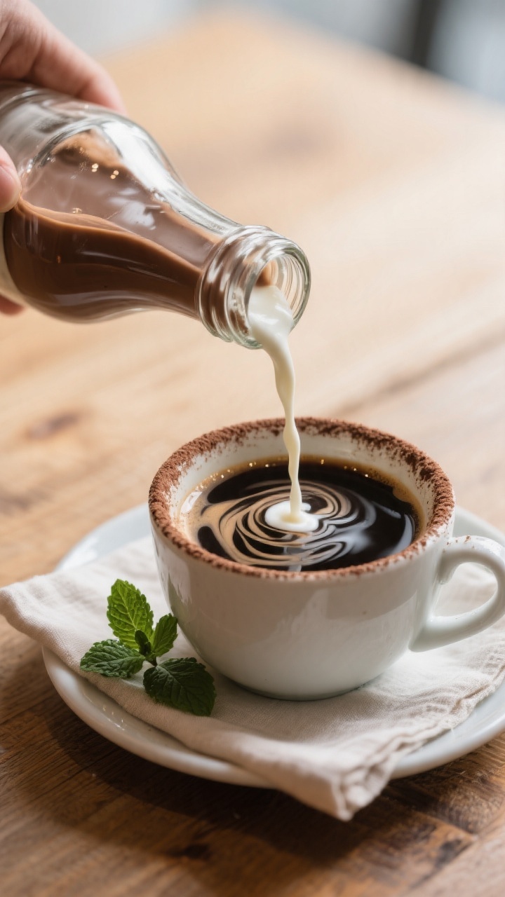 Final presentation, cozy café vibe: A glass bottle of Chocolate Mint Creamer chilled and condensed 