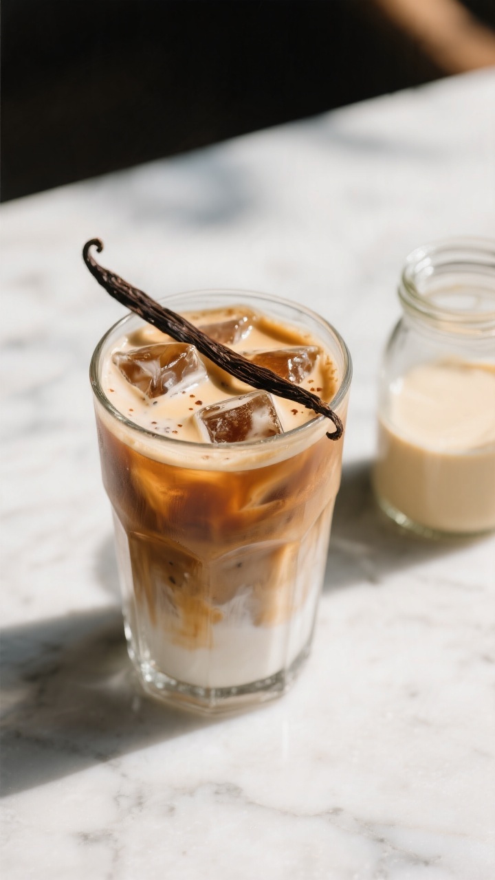 Final presentation detail: Close-up of a chilled glass of iced coffee after shaking with the creamer
