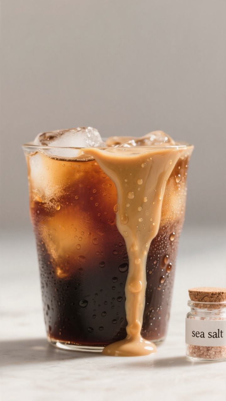 Final presentation detail: Studio-close macro of a chilled glass of cold brew with ice, layered with