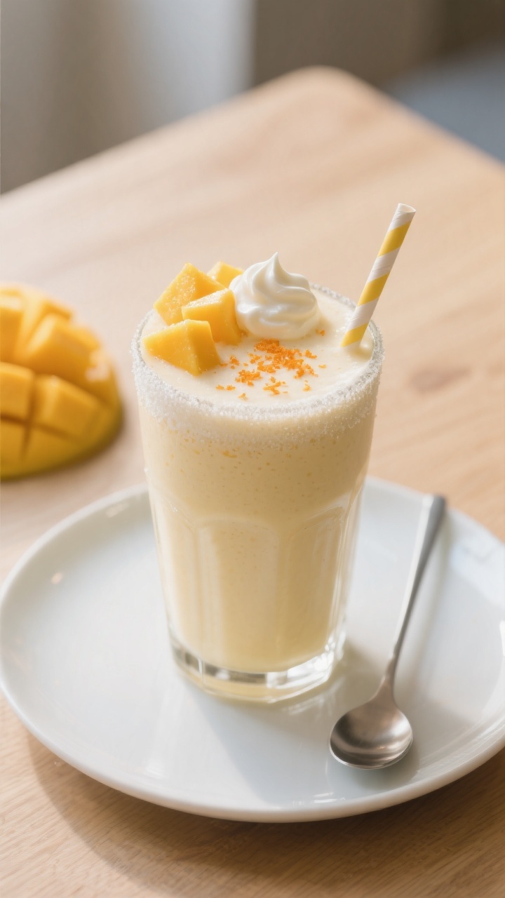 Final presentation hero: Beautifully plated mango smoothie “sunshine breakfast” scene—one tall