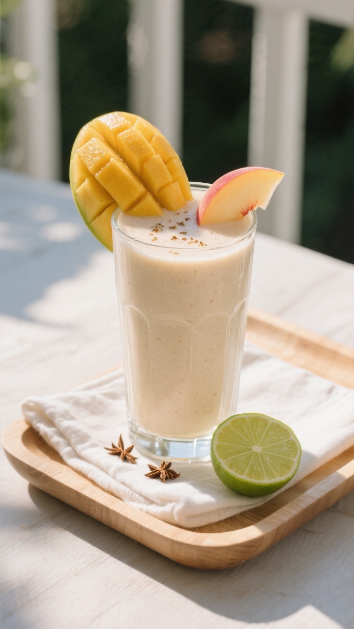 Final presentation hero: beautifully plated smoothie moment—one tall smoothie in a clear highball 