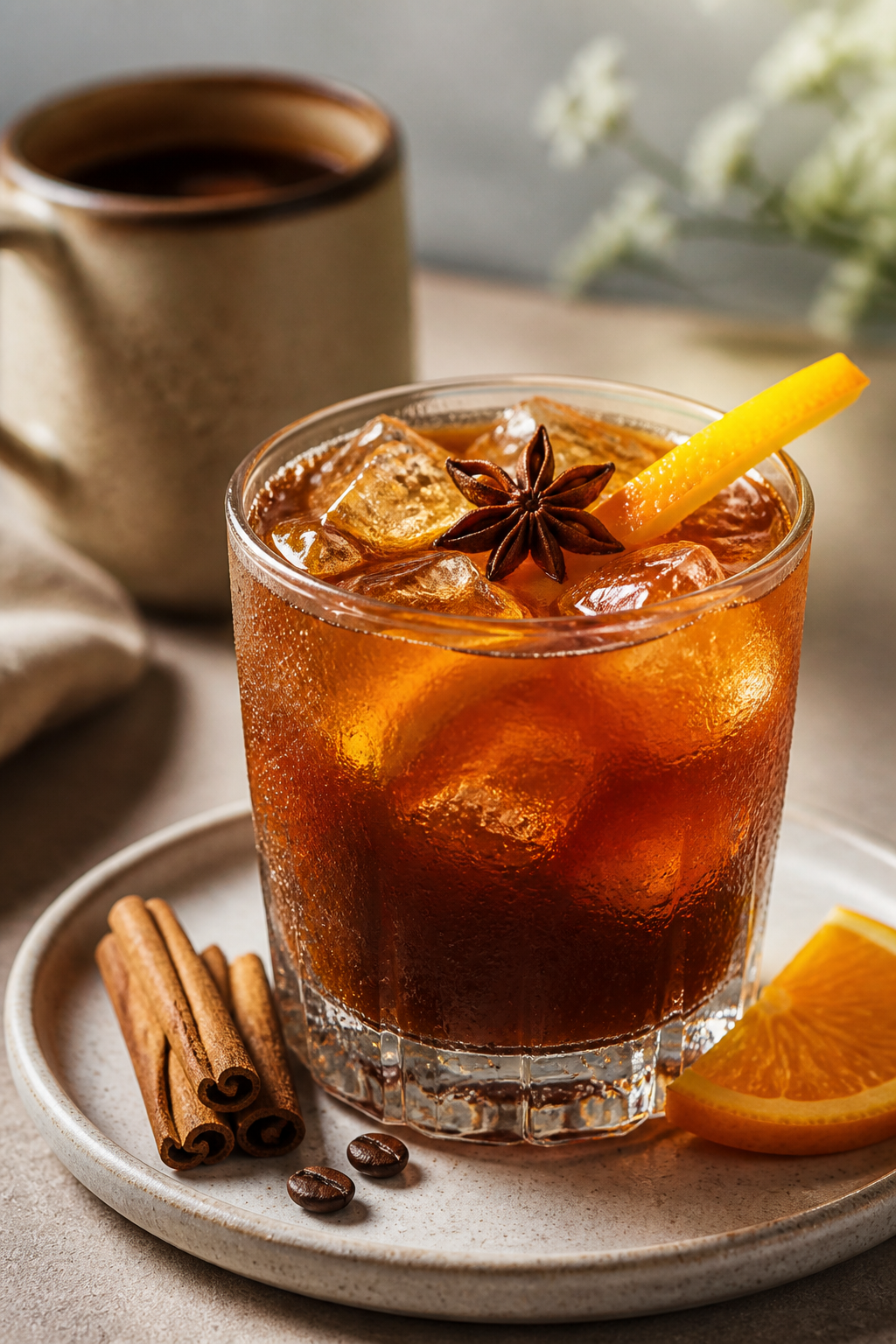 Final presentation hero shot at a slight 45-degree angle: café de olla iced version in a clear rock