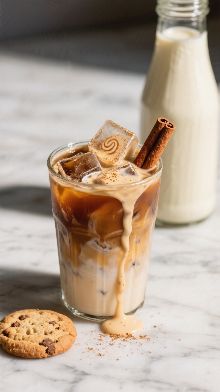 Final presentation: Iced coffee with snickerdoodle creamer poured over clinking cubes, dramatic casc