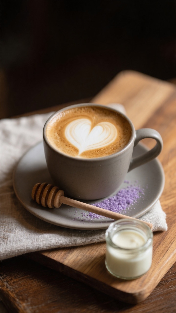 Final presentation: Moody-close hero of a hot latte in a matte ceramic mug finished with a soft, lat