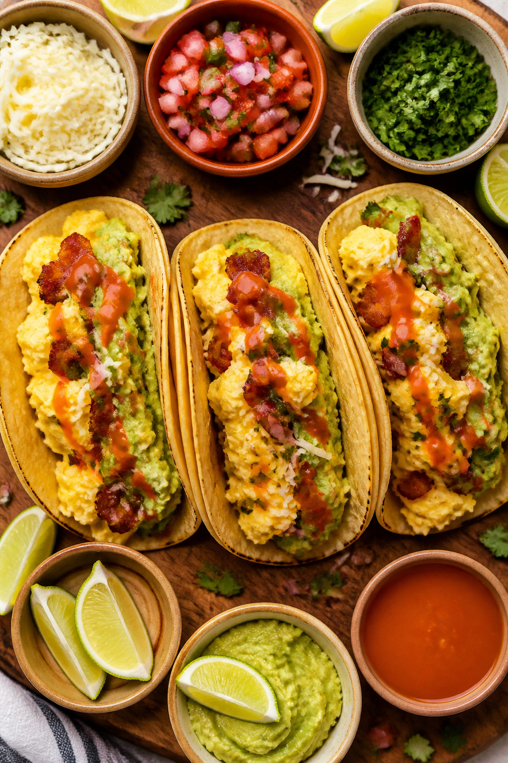 Overhead “build-your-own” scene: Top-down shot of assembled breakfast tacos on a wooden board—