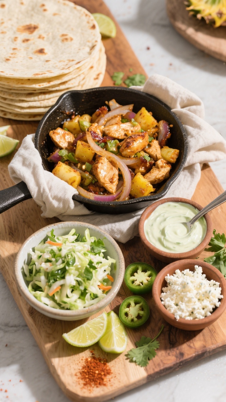 Overhead “build-your-own” spread: Top-down shot of a wooden board with a warm stack of tortillas
