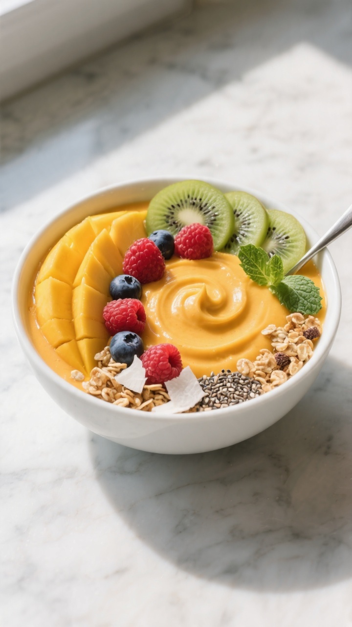 Overhead shot of a finished mango smoothie bowl with thick, spoonable soft-serve texture swirled in 
