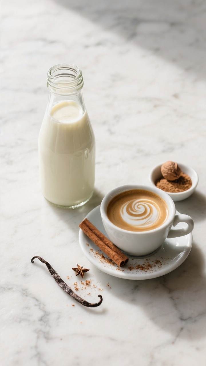 Overhead tasty top view of a chilled glass bottle of homemade eggnog creamer on a marble surface, ac