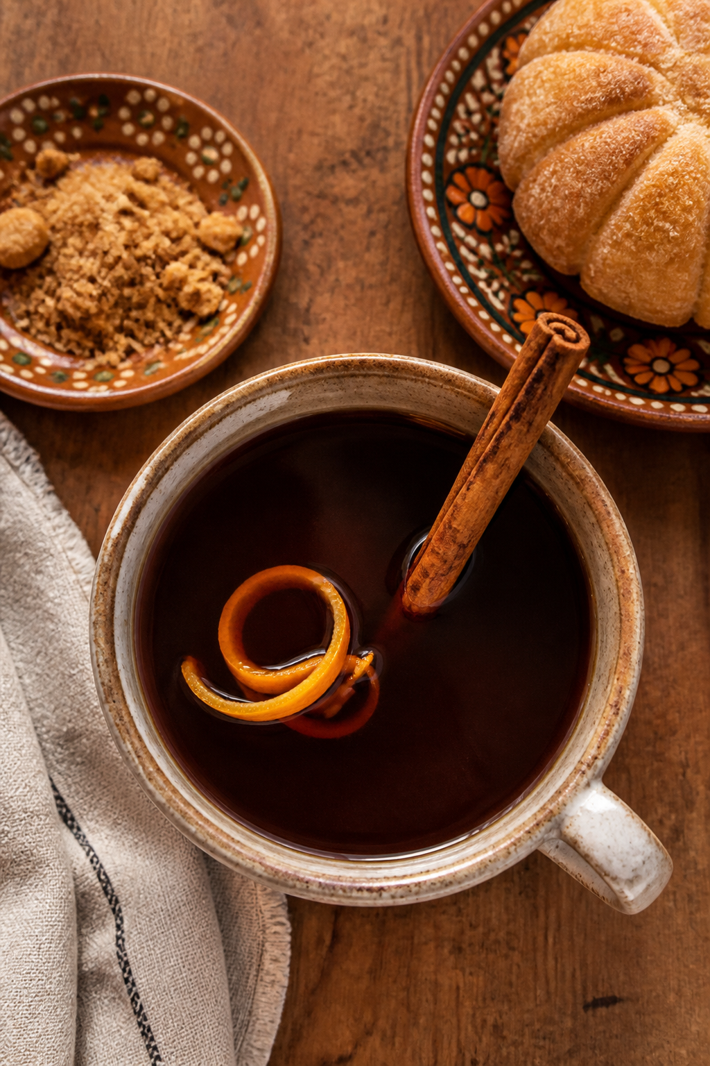 Overhead “tasty top view” of a rustic mug of café de olla served hot, deep mahogany coffee with