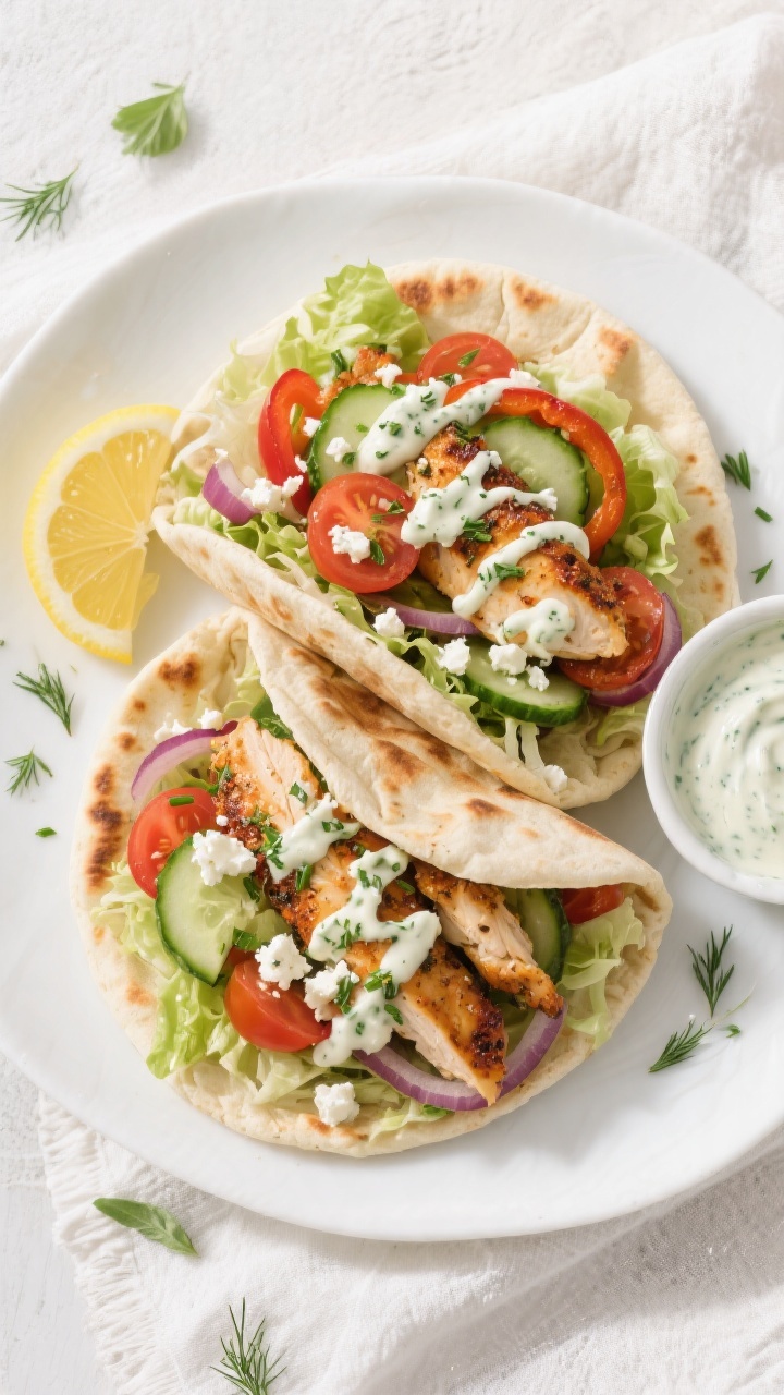 Overhead “tasty top view” of assembled sheet pan chicken pitas: warm pocket pitas stuffed with s