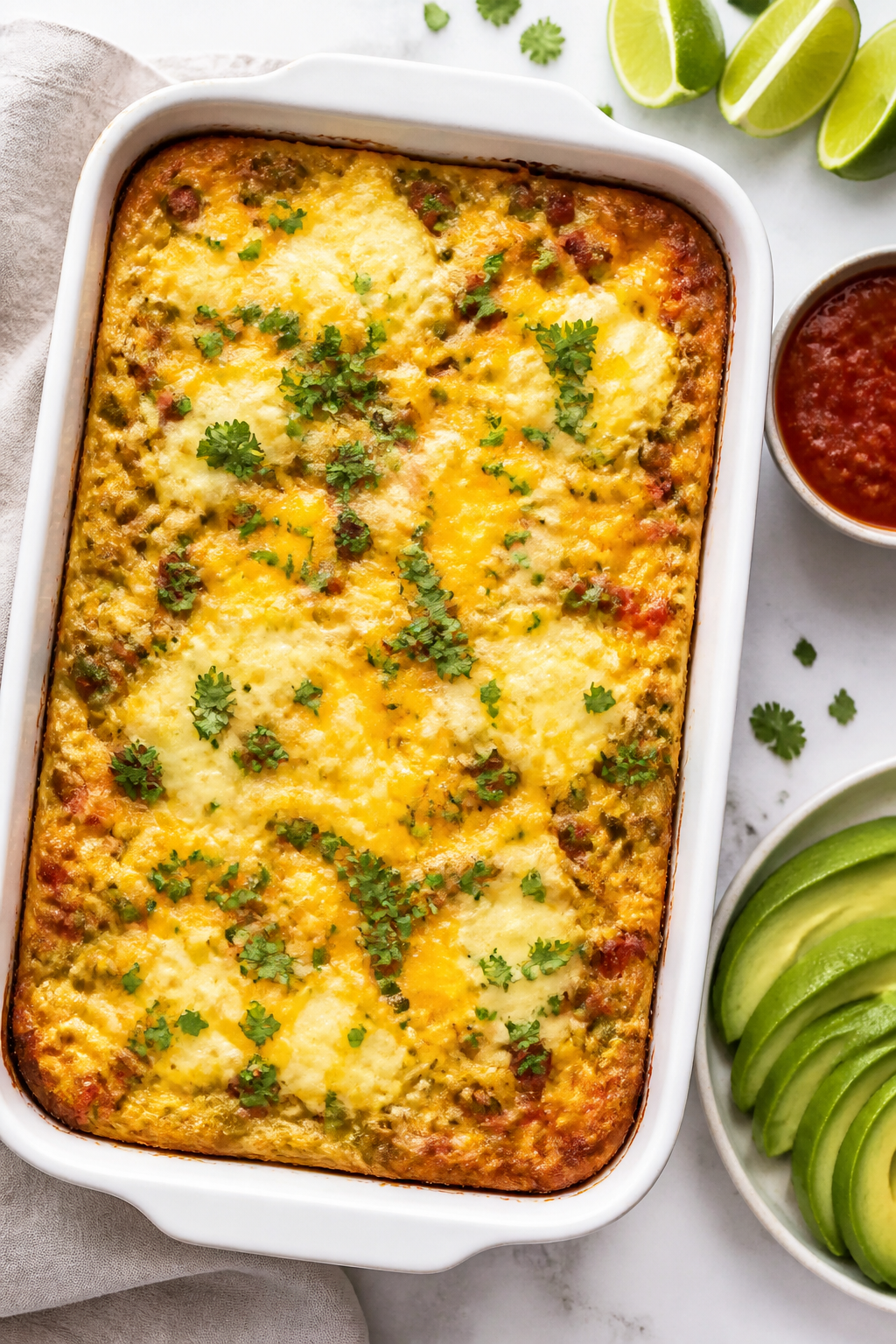 Overhead “tasty top view” of the assembled, baked Mexican Breakfast Casserole in a 9x13 dish: go