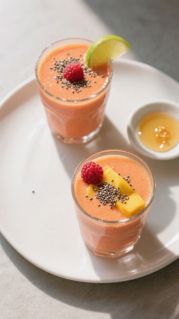 Overhead “tasty top view” of the final Mango Raspberry Smoothie served in two clear glasses, top