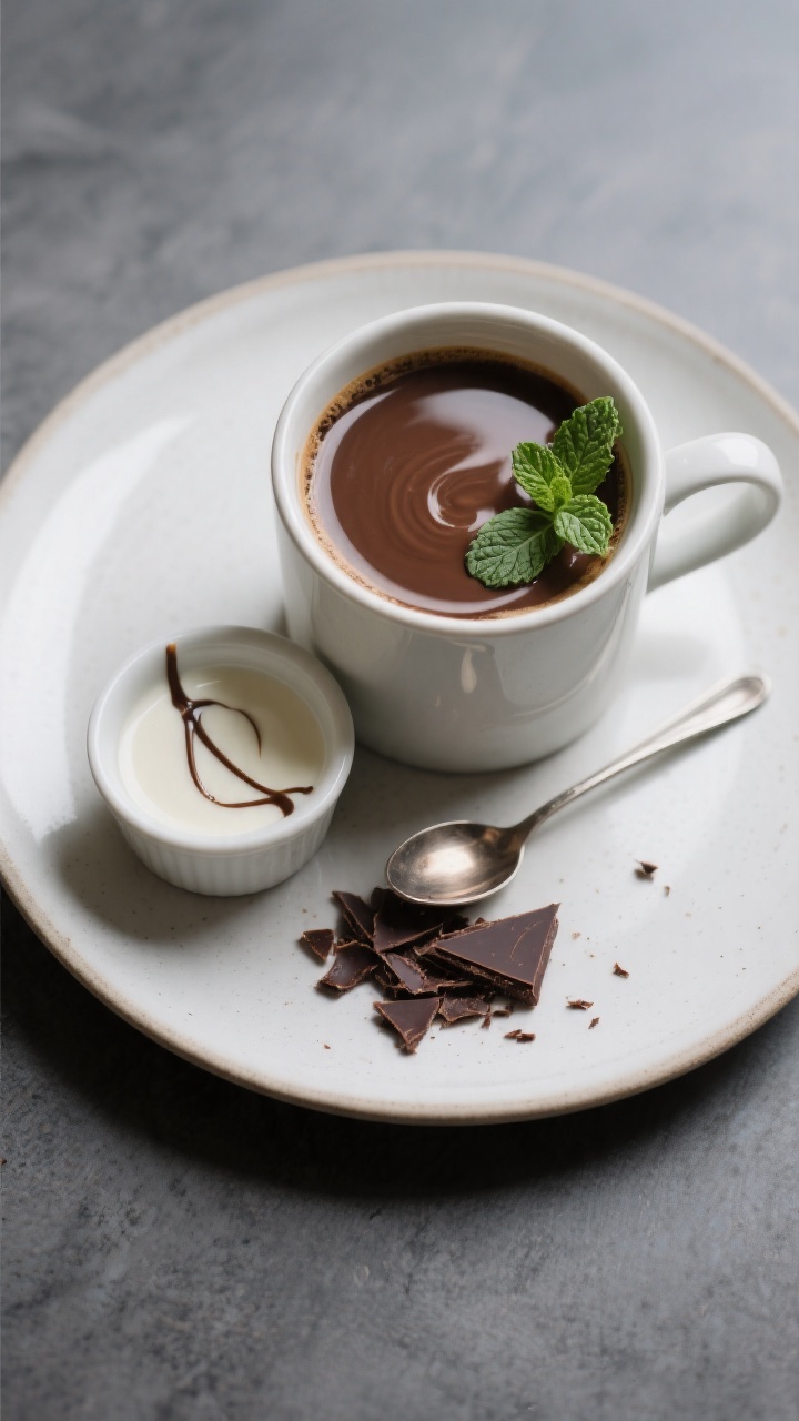 Overhead “tasty top view” serving scene: Top-down shot of a neatly arranged coffee setup—mug o
