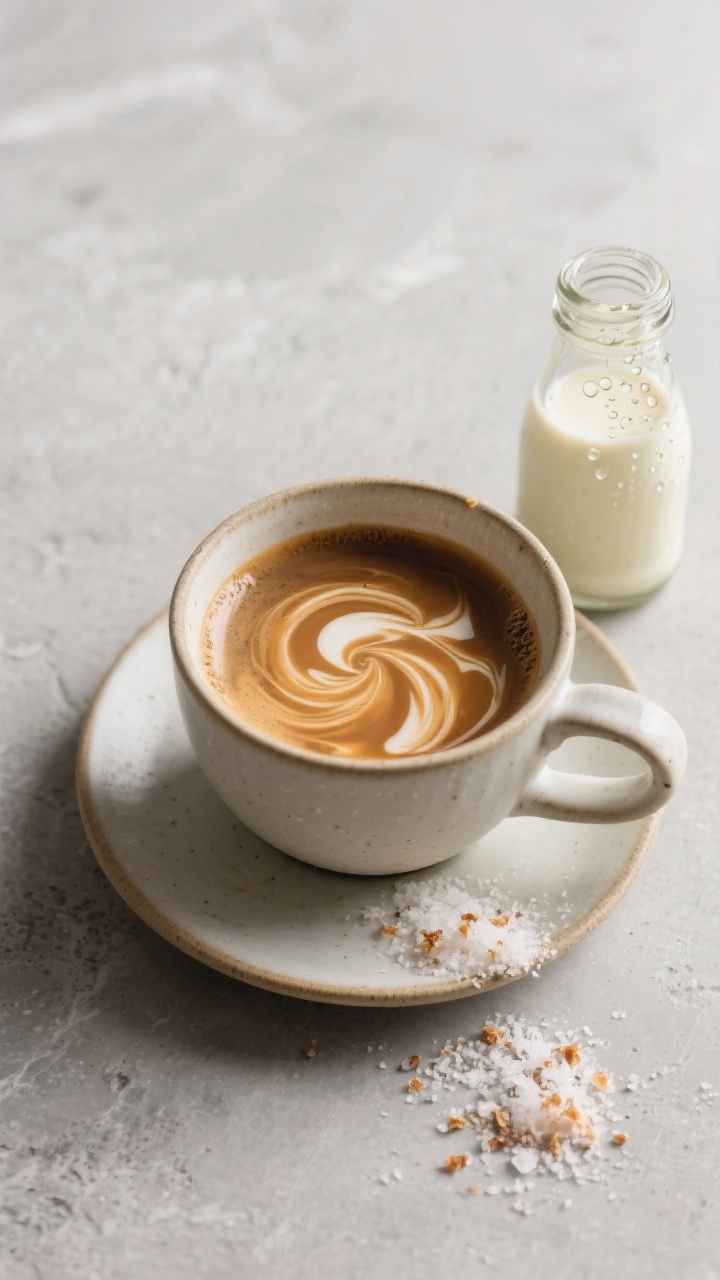 Overhead “use it” shot: of a mug of hot coffee on a matte stone surface as a slow swirl of homem