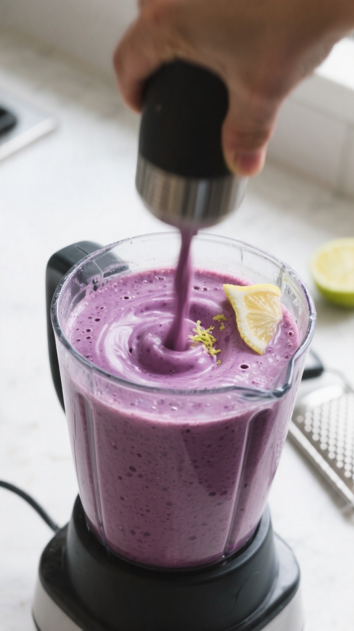 Process action: The smoothie being blended to a silky finish—blender jar three-quarters full of th