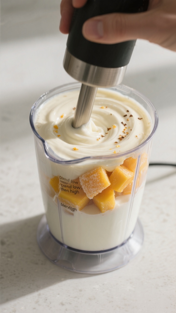 Process moment: Blender jar loaded in the recommended order—milk at the bottom, Greek yogurt in th