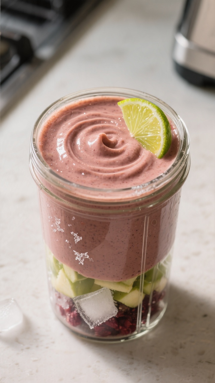 Process shot: ingredients layered in the blender just before blending, but shown as a fully prepared