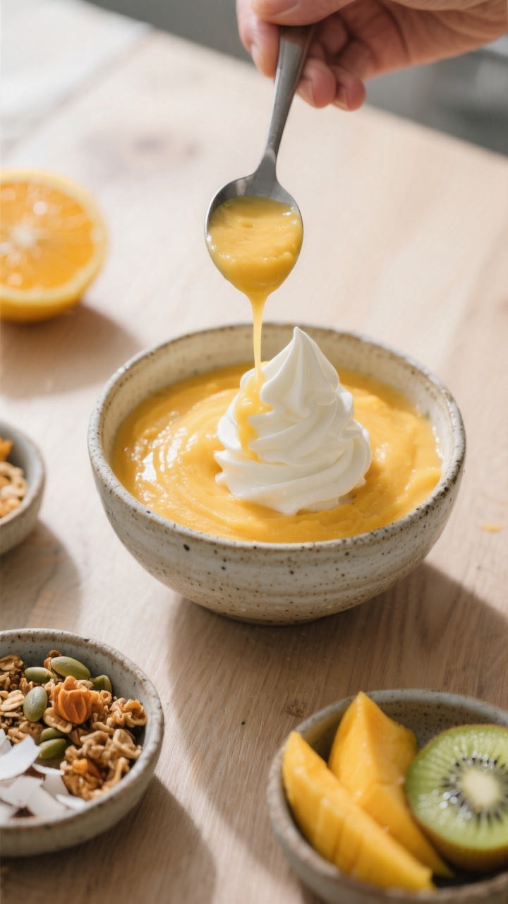 Process shot: the blended mango base being poured and smoothed into a pre-chilled stoneware bowl wit