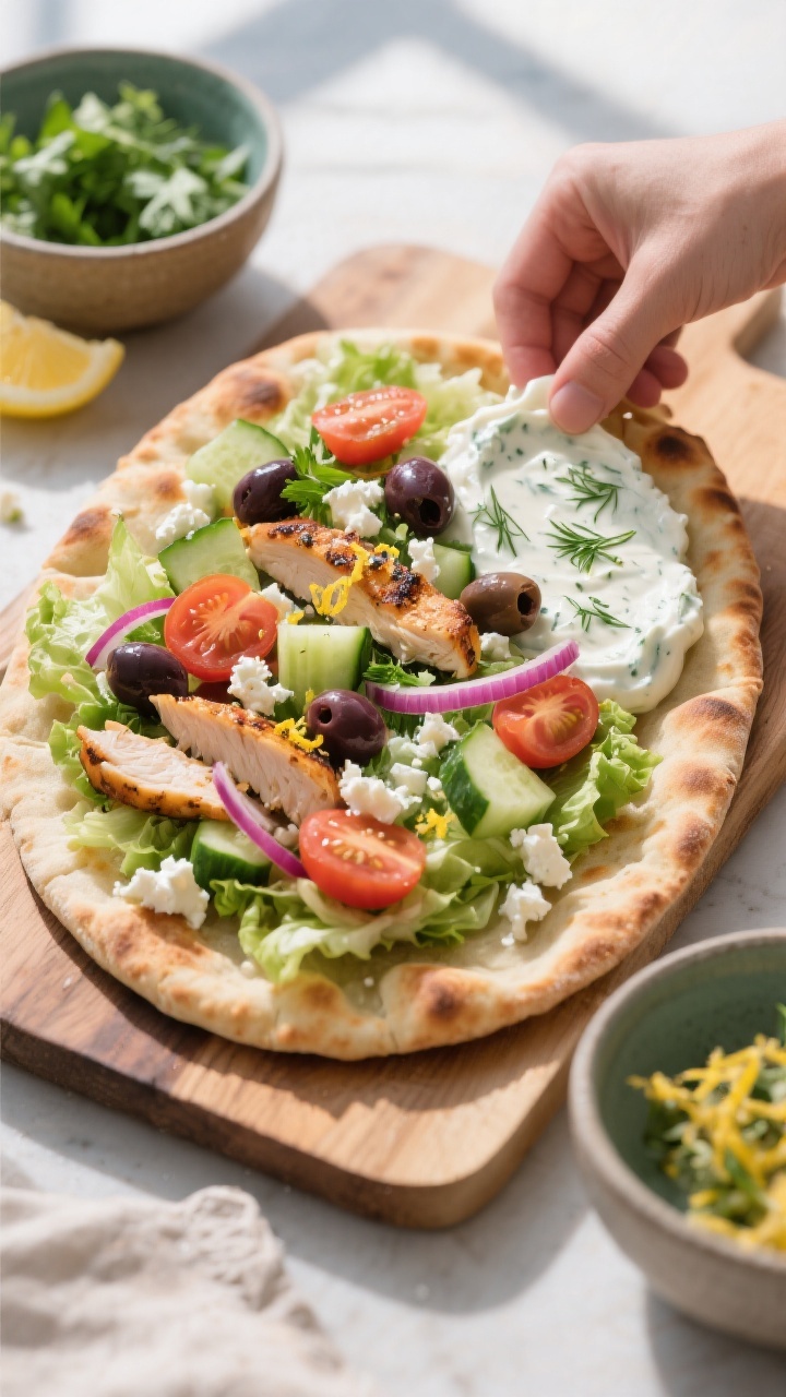 Tasty top view assembly: Overhead shot of a warm flatbread on a board being assembled—swipe of cre