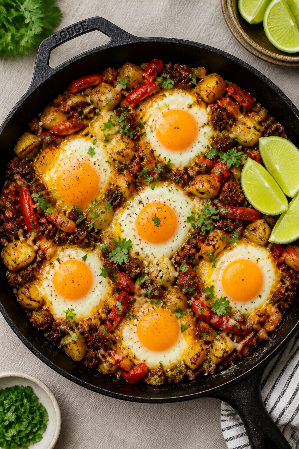 Tasty top view, eggs setting: Overhead shot of the assembled chorizo–pepper–potato skillet with