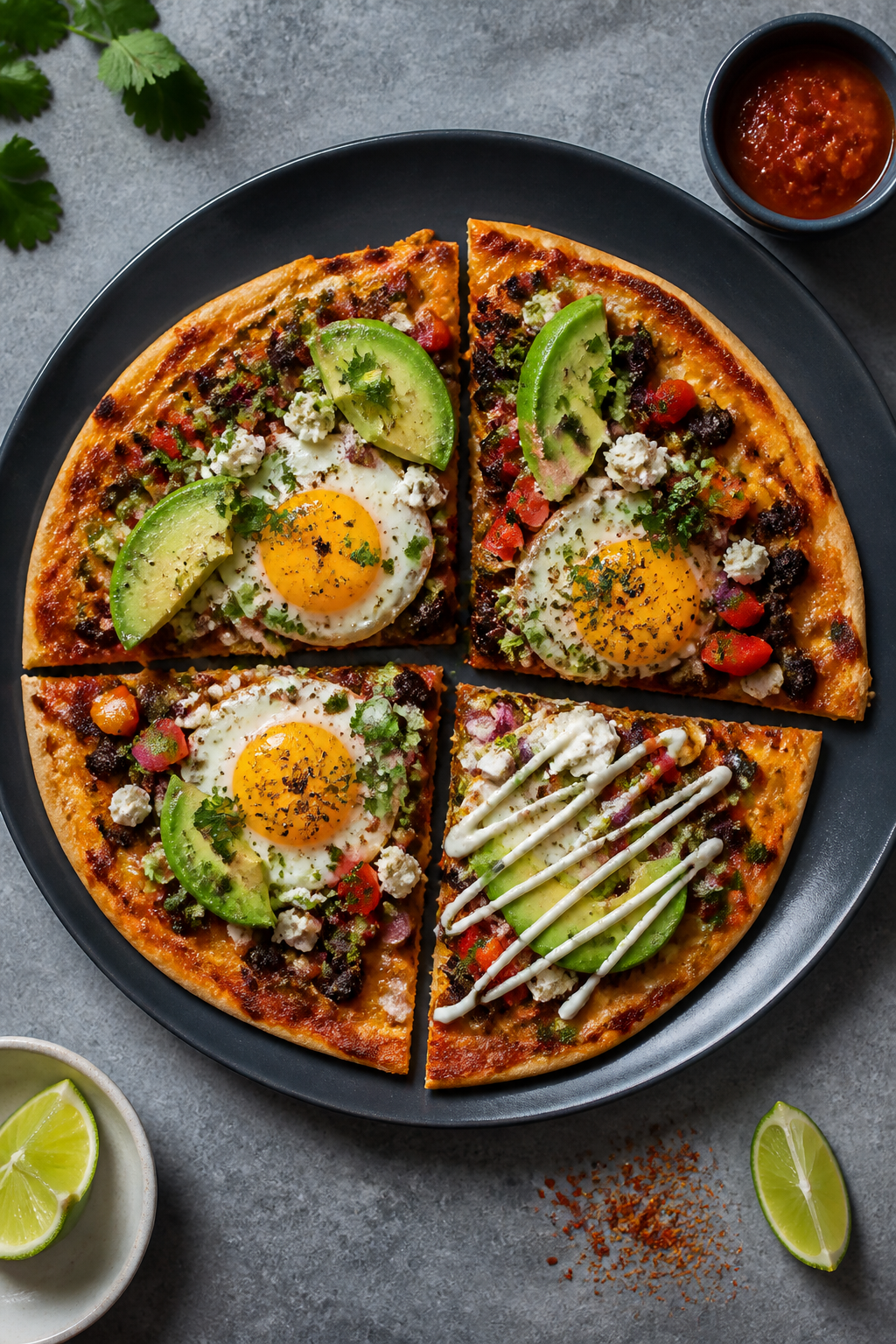 Tasty top view, final dish: Overhead shot of a fully cooked Mexican Breakfast Pizza on a flour torti