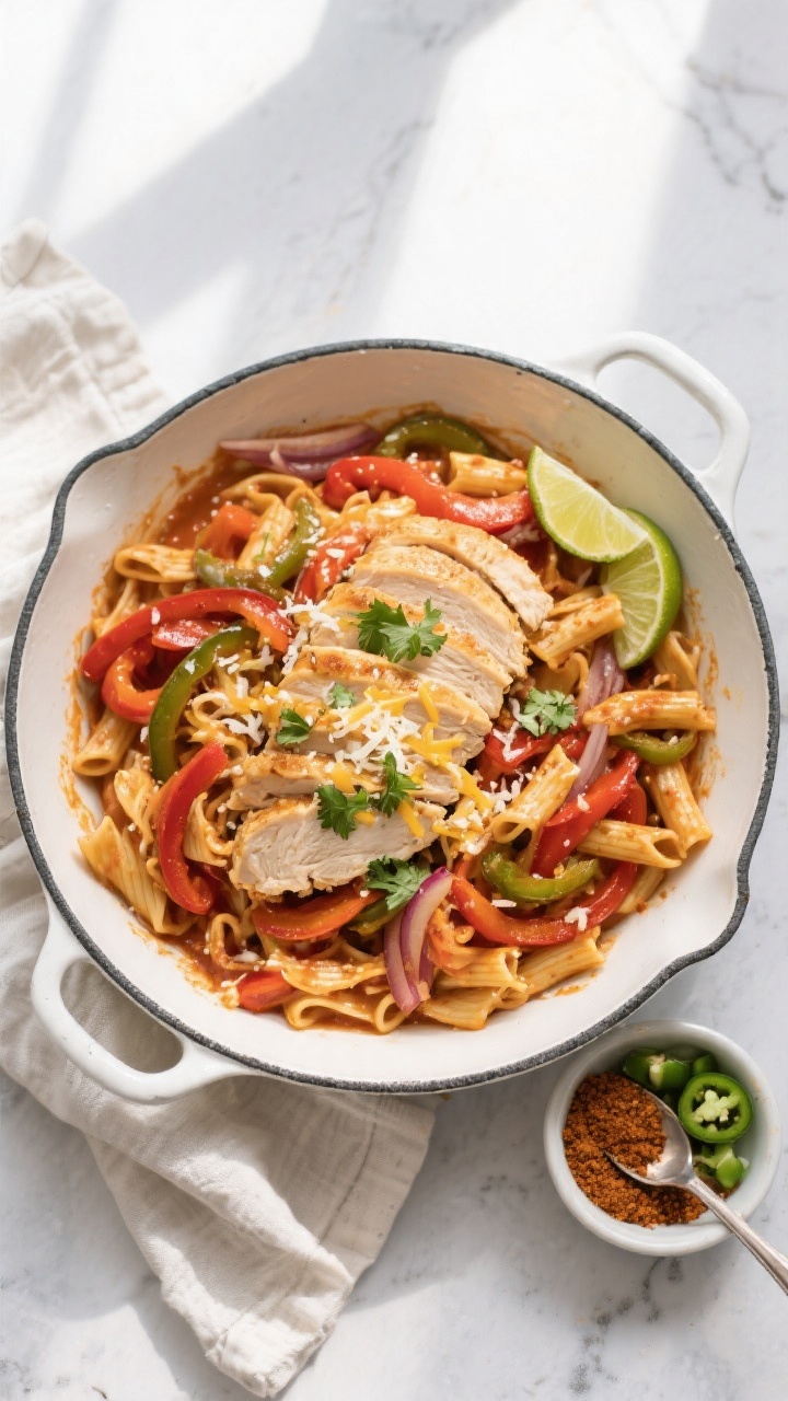 Tasty top view, final dish: Overhead shot of Chicken Fajita Pasta served family-style in a wide, whi