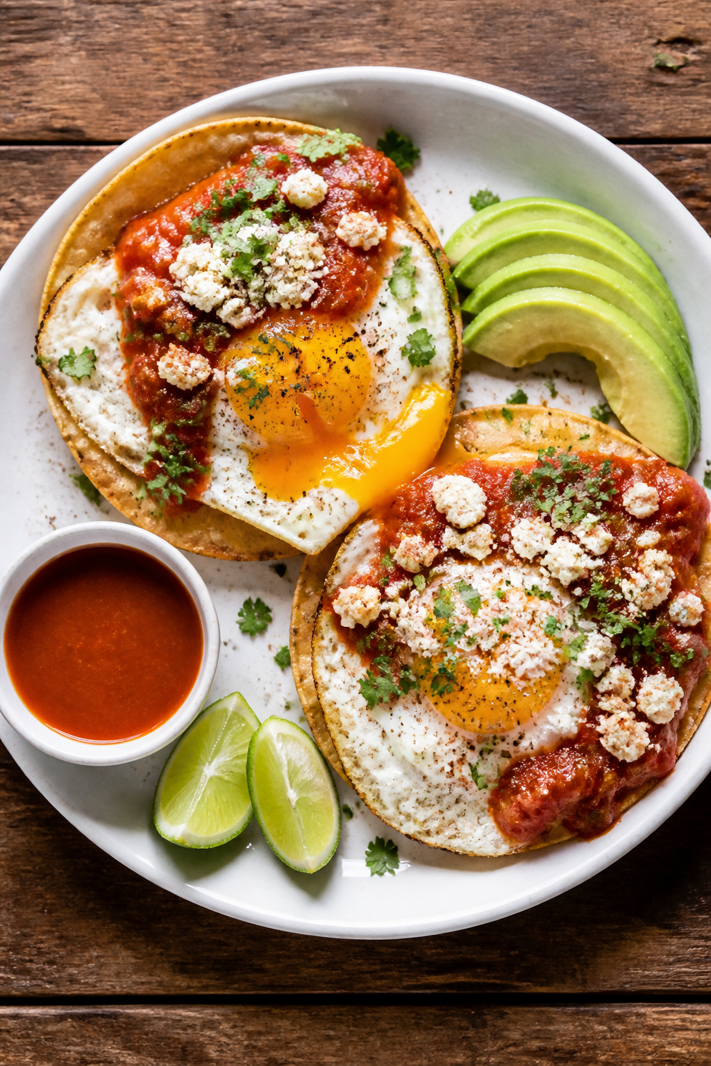 Tasty top view (final dish): Overhead shot of fully plated huevos rancheros—two crisp tortillas ea