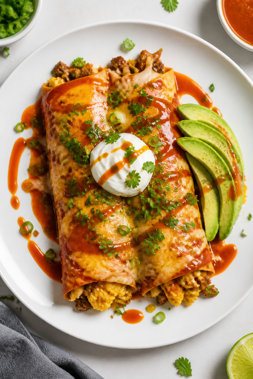 Tasty top view, final plated: Overhead shot of two rolled breakfast enchiladas on a matte white plat