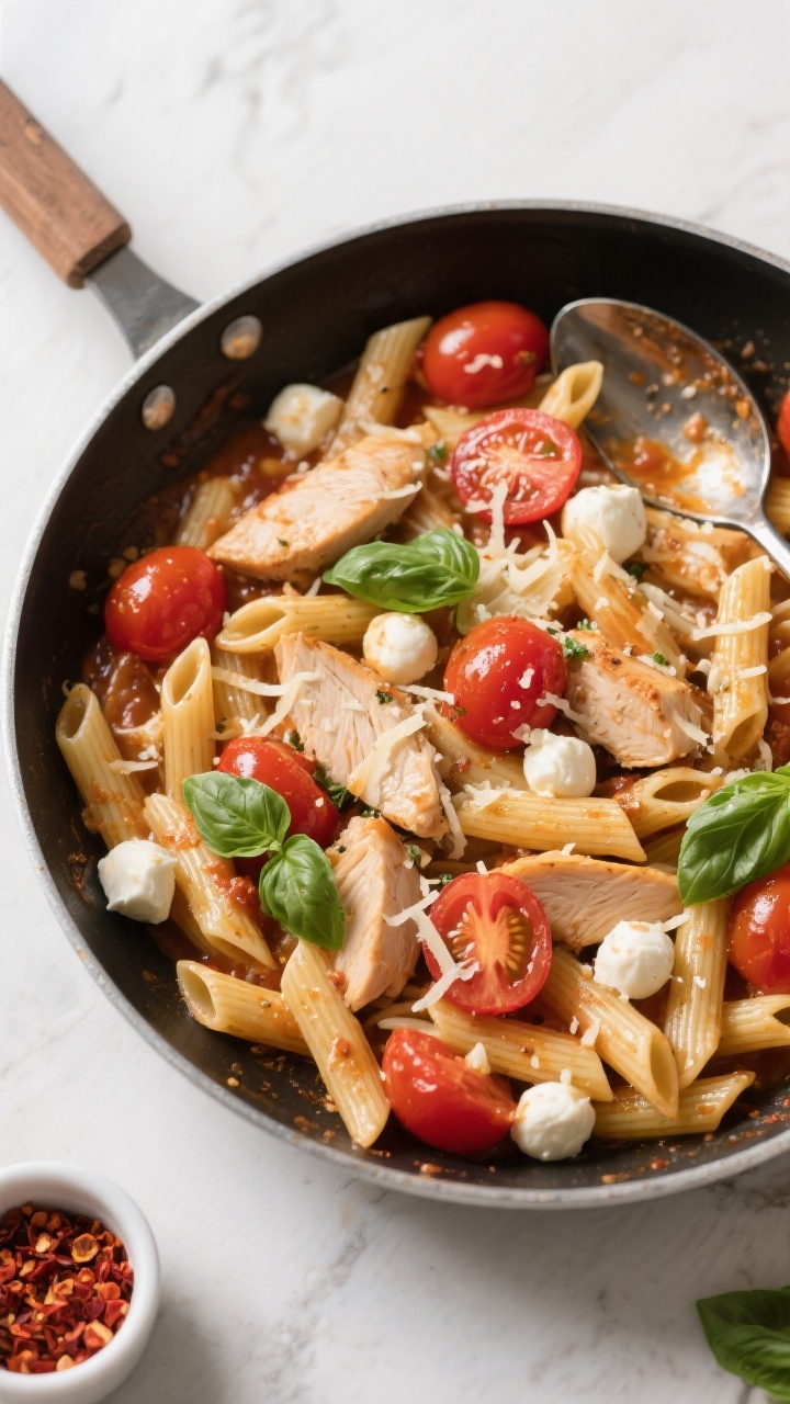 Tasty top view — One-pan combine: Overhead shot of Caprese Chicken Pasta just after tossing in the