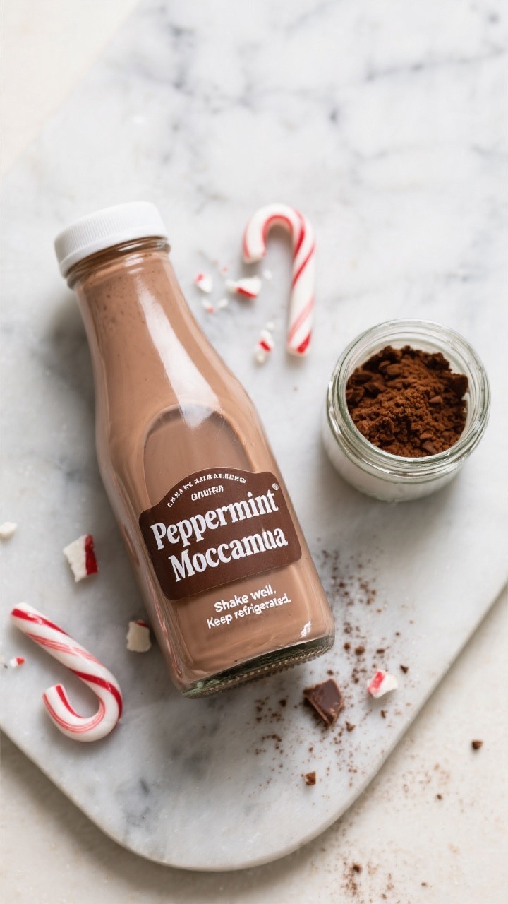 Tasty top view, overhead: Overhead shot of a glass bottle and small jar of finished Peppermint Mocha