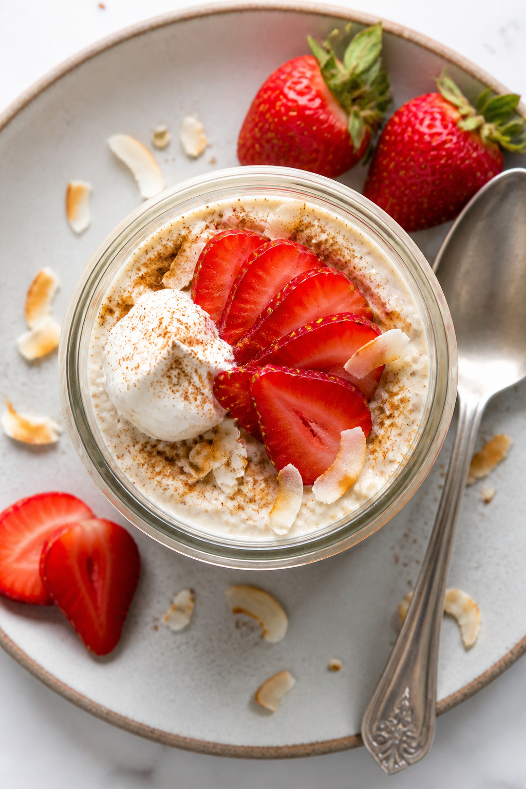 Tasty top view, overhead: Overhead shot of chilled tres leches overnight oats in an open mason jar,