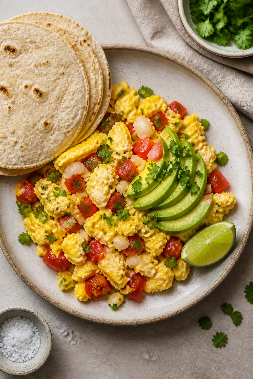 Tasty top view, overhead: Overhead shot of Huevos a la Mexicana styled for brunch—eggs centered wi