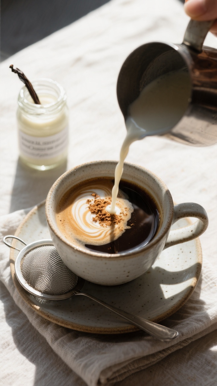 Tasty top view, overhead pour into coffee: Overhead shot of a dark espresso-strength coffee in a cer