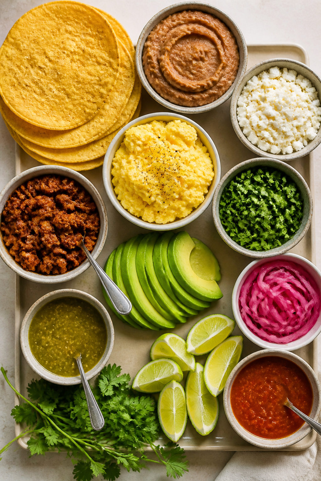 Tasty top view: Overhead shot of a build-your-own tostada spread—crisp corn tostada shells, a bowl
