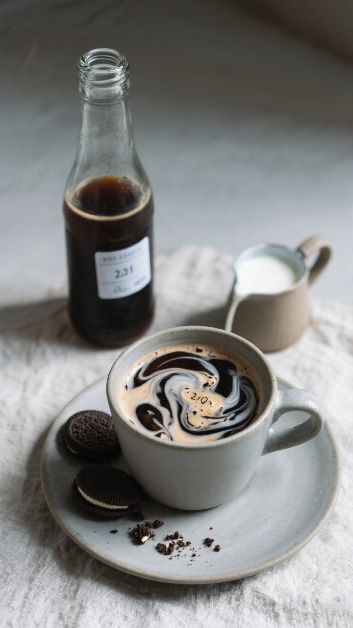 Tasty top view: Overhead shot of a chilled bottle and a small pourer of cookies-and-cream creamer be
