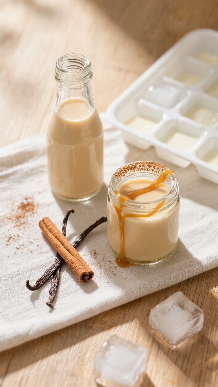 Tasty top view: Overhead shot of a clear glass bottle and a small jar filled with the finished Caram