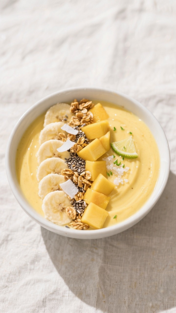 Tasty top view: Overhead shot of a freshly poured banana and mango smoothie bowl, extra-thick and sp