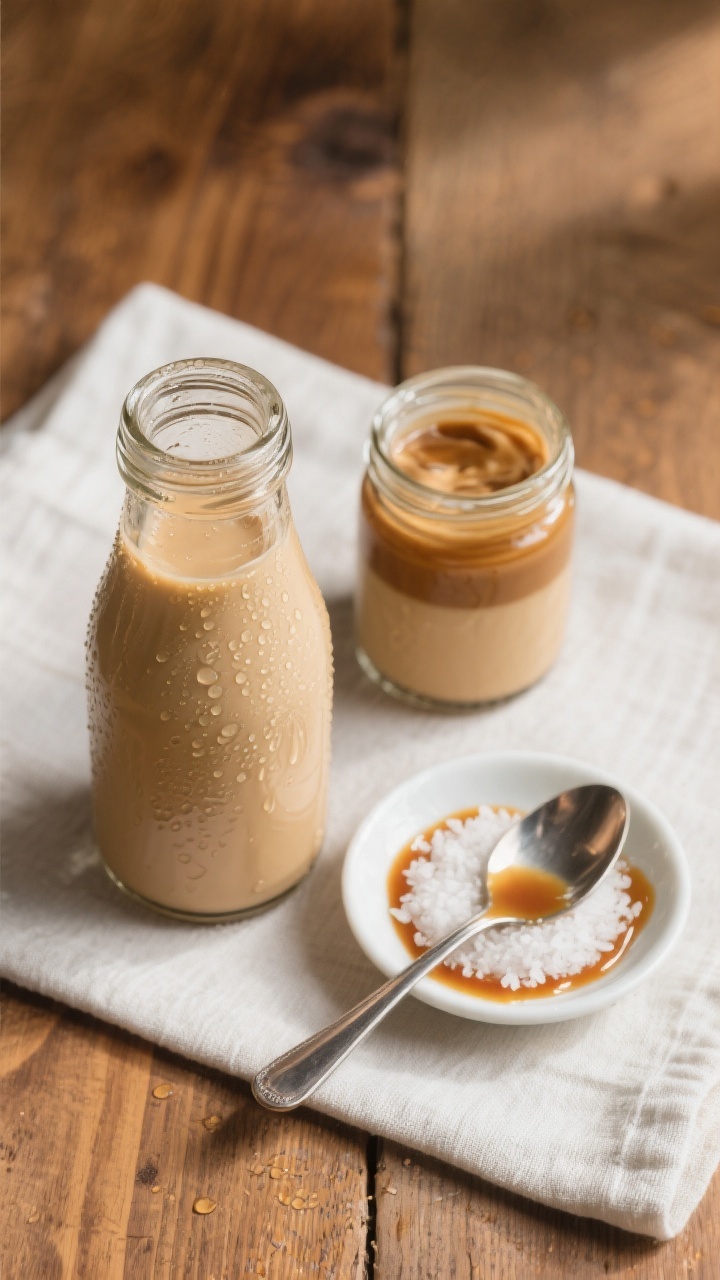 Tasty top view: Overhead shot of a glass bottle and small jar filled with chilled caramel macchiato 
