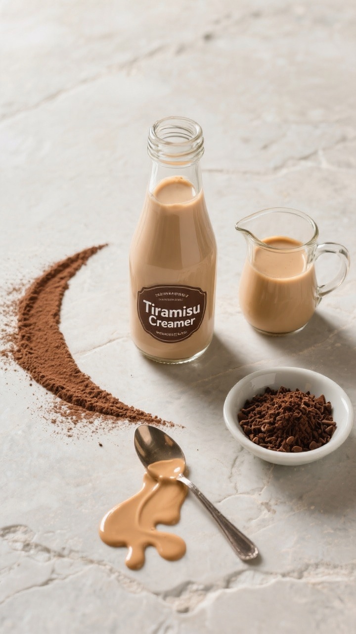 Tasty top view: Overhead shot of a glass bottle and small pouring jug filled with tiramisu creamer o