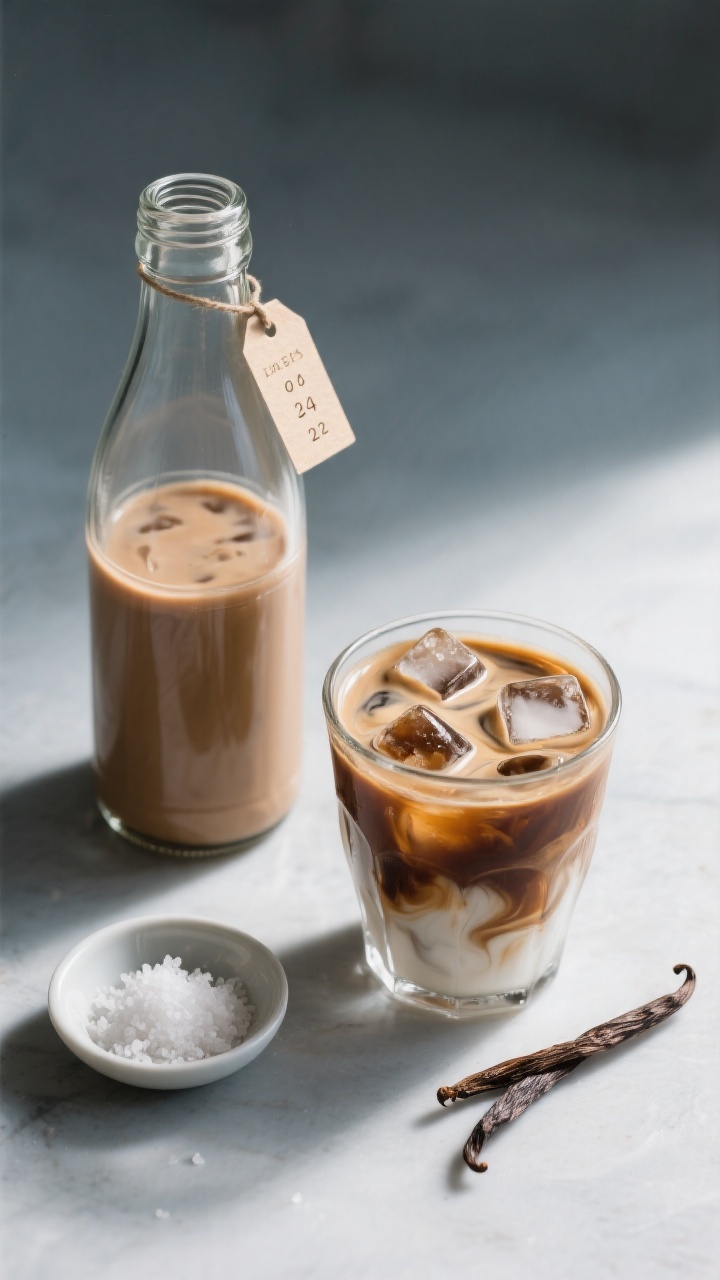 Tasty top view: Overhead shot of a glass bottle and a short tumbler filled with chilled mocha creame