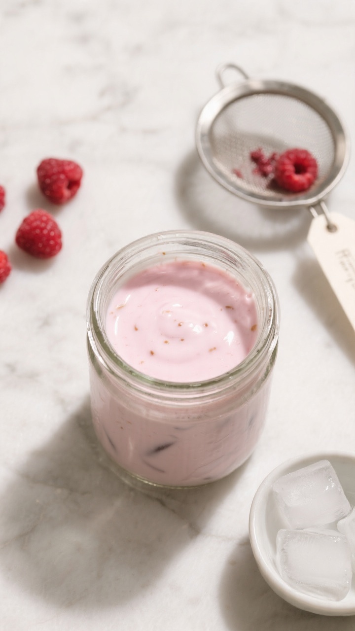 Tasty top view: Overhead shot of a glass jar filled with strained, glossy white chocolate raspberry 