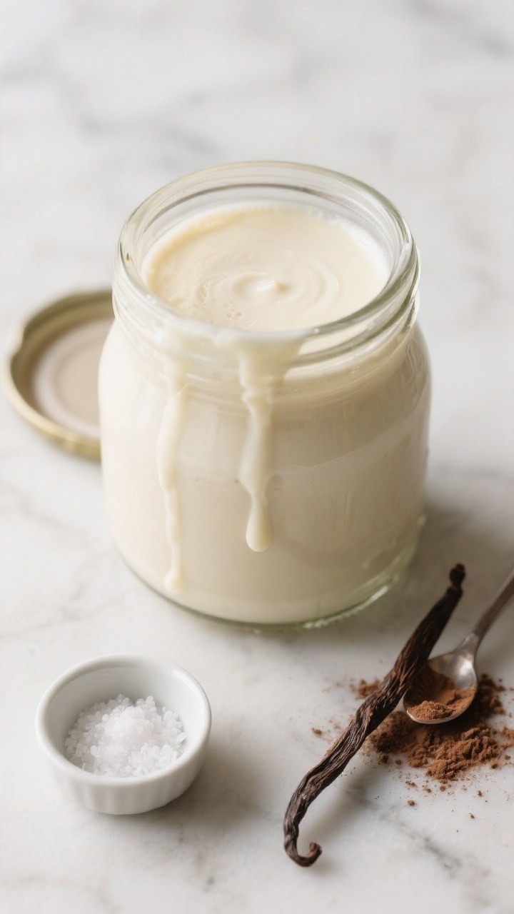 Tasty top view: Overhead shot of a glass jar filled with chilled White Chocolate Mocha Creamer, crea